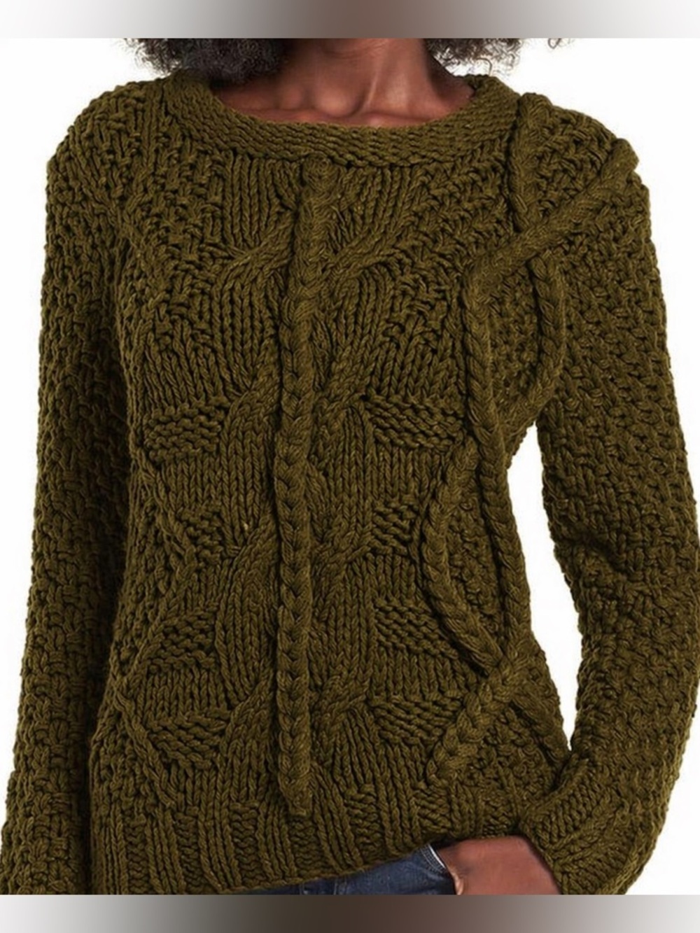 J.O.A. Olive Green Chunky Cable Knit Crewneck Sweater